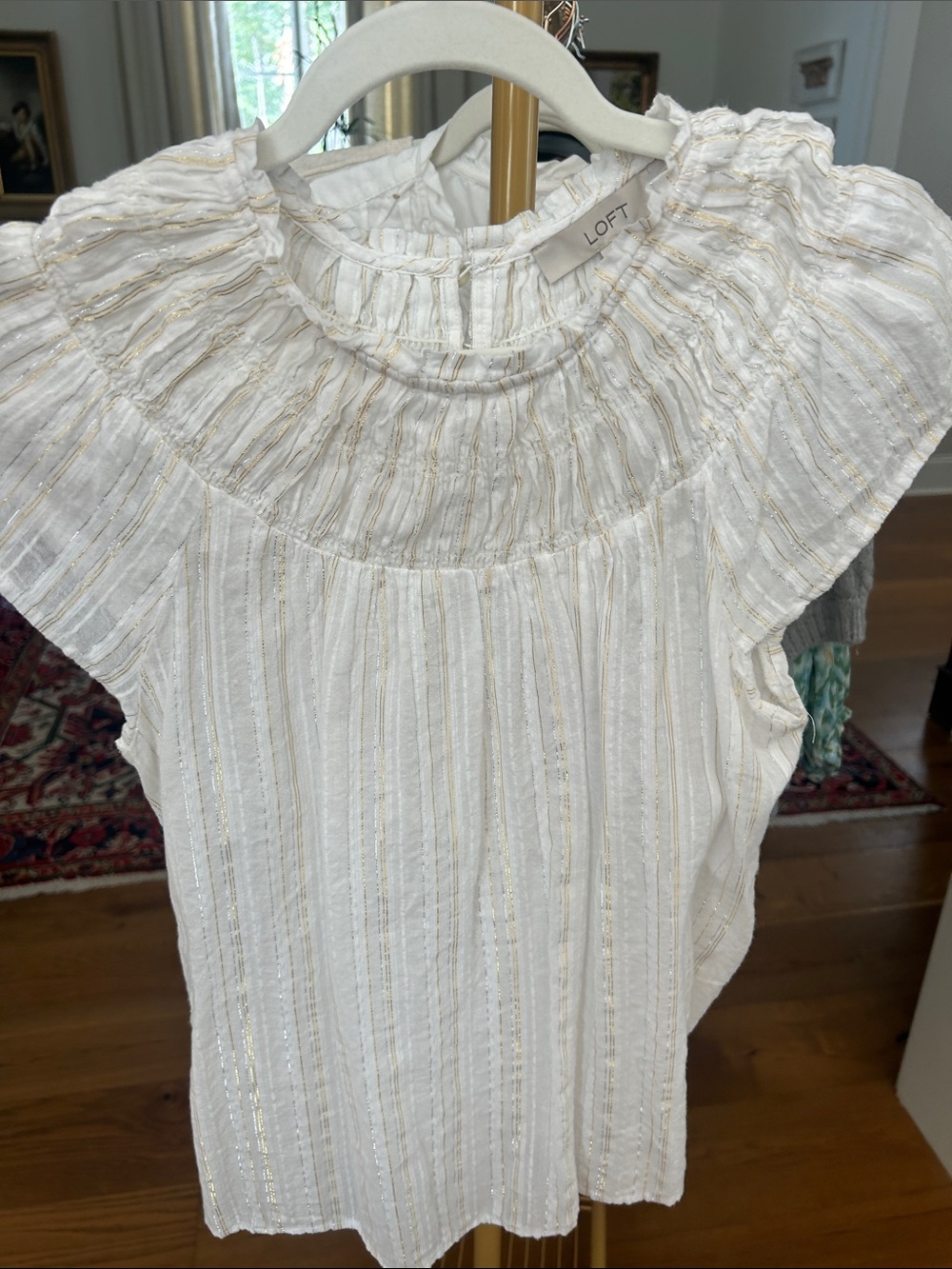 LOFT White Top with Gold Metallic Stripe and Ruffle Yoke